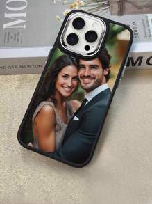 1pc Customizable Personalized Black Shockproof Electroplated Lens Frame Phone Case Compatible With IPhone 16/16Pro/16ProMax And Other Models, Suitable For Couples, Family, Kids, Pets, Friends