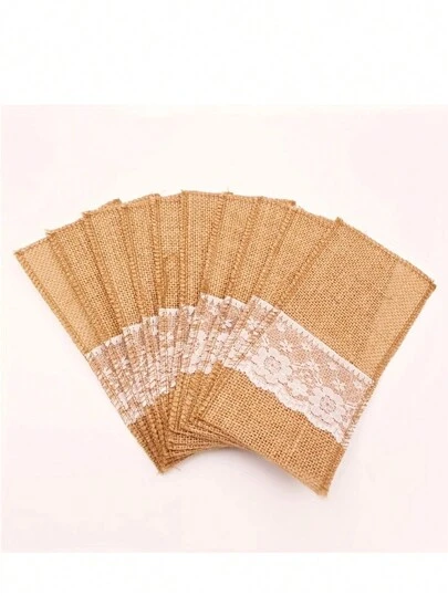 10pcs/Pack Burlap Lace Cutlery Pockets, Home Wedding Party Restaurant Decor Coarse Linen Silverware Holder, 11cm/4.33in * 22cm/8.66in,School Supplies