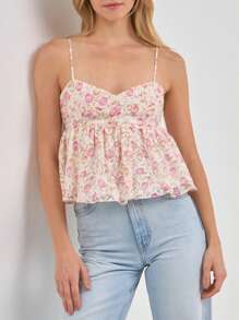 Women's Summer Babydoll Tops Sleeveless Spaghetti Strap Floral Print Camisole Cami Tank Tops