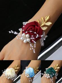 1pc Bride/Bridesmaid Burgundy Faux Rose Bead & Golden Leaf Wrist Corsage, Wedding/Party/Valentine's Day Decoration
