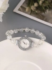 Relógio Feminino da Moda de Estilo Novo 2025, Mostrador Redondo Fofo com Cristal, Pérola e Detalhes em Pedras Preciosas, Pulseira Metálica, Movimento de Quartzo