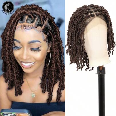 Peluca trenzada de locs con encaje frontal, peluca trenzada bob de 15 pulgadas para mujeres, peluca sintética trenzada sin nudos con cabello de bebé