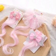 Pink Hair Extensions For Kids Glitter Hair Clips With Braided Curly Wig Extensions For Hair Braiding Ponytails Princess Costume Dress Up Accessories Bowknot Hair Clips For Little Girls (Mesh/Sequins/ Pentagram) - Pink - View 3