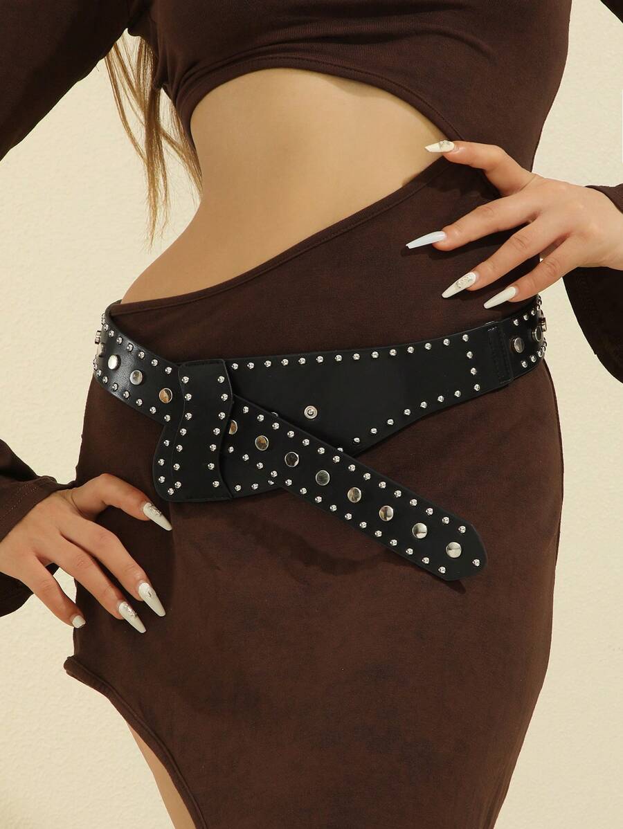1 件女士深色西式粗铆钉装饰宽腰带夏季、学校秋季、秋季、万圣节 - 黑色 - 查看 1