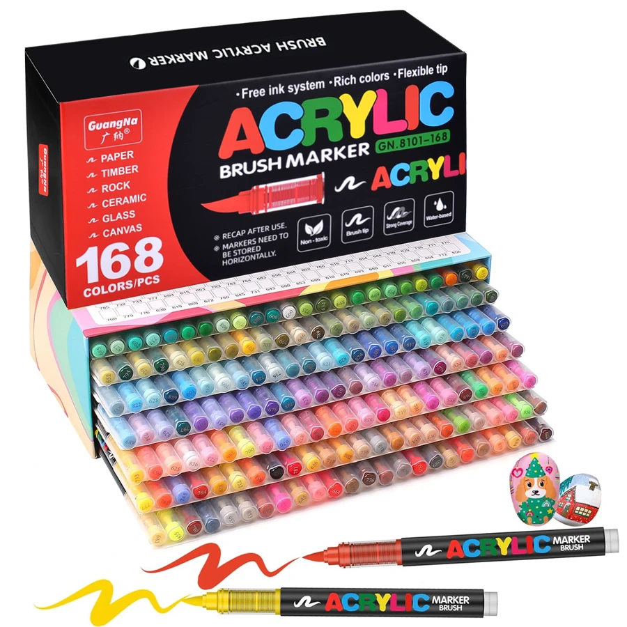 GuangNa Bộ 168 bút đánh dấu sơn Acrylic màu, mực lỏng trực tiếp, bút vẽ nghệ thuật đầu cọ mềm cho vải, vải bạt, đá, thủy tinh, gỗ, giấy, đồ thủ công DIY, đồ dùng học tập và nghệ thuật