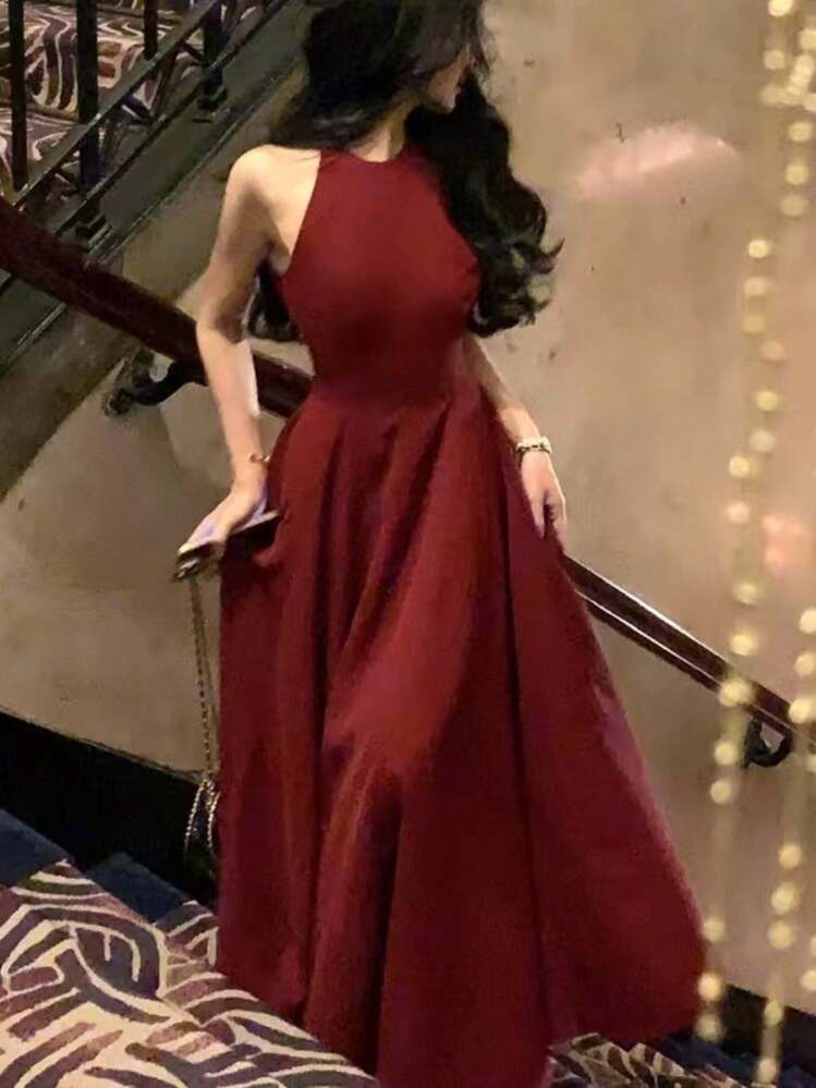 Elegant Party/Birthday Casual Women's Sleeveless A-Line Solid Color Maxi  Dress, Summer Red | SHEIN USA