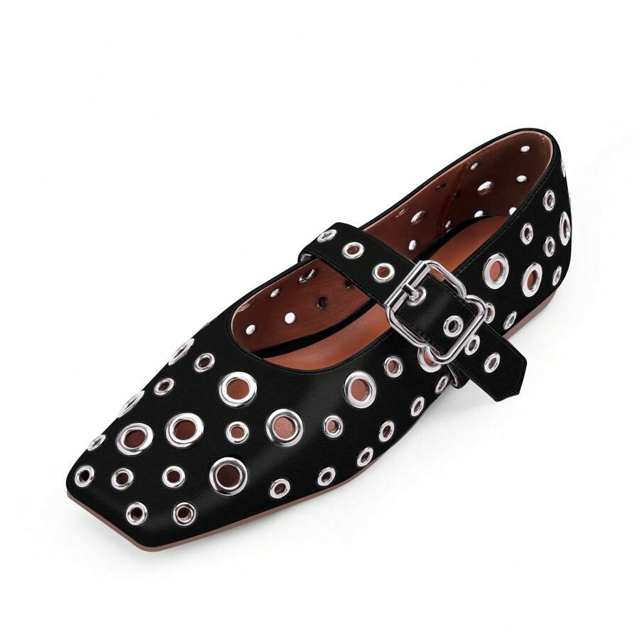 Women's Studded Ballet Flats Metal Eyelet Buckle Perforated Mary Jane Shoes - 黑色 - 查看 1