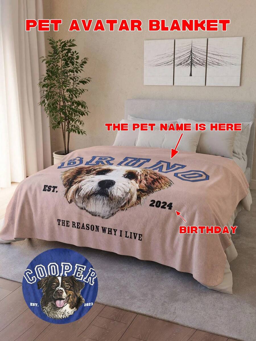 Customized Pet Portrait & Name Throw Blanket, Personalized Blanket With Photo Collage, Pet Blanket With Picture, Special Commemorative Gift