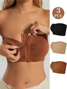 3pcs Plus Size Women Snap-Button Tube Tops Wireless Front-Close Minimizer Bras