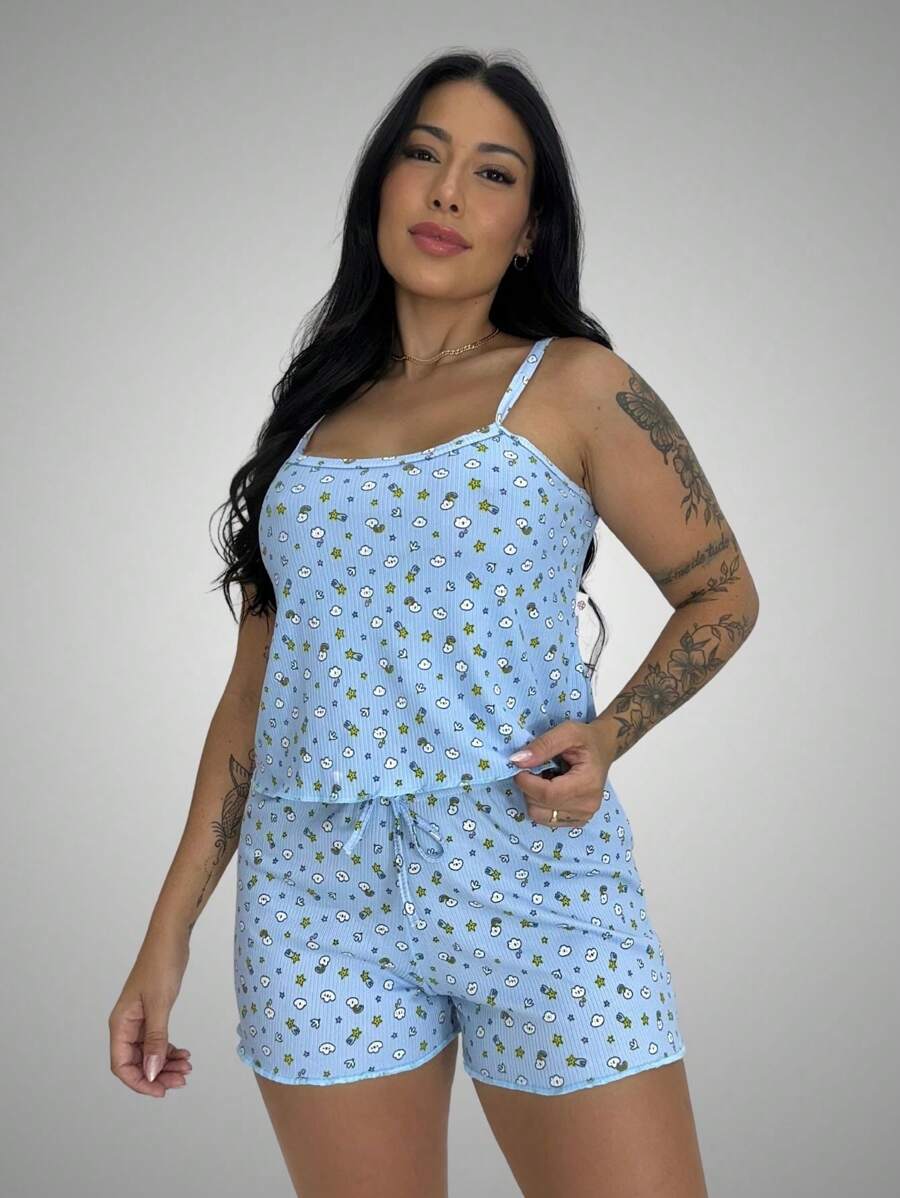 Printed Baby Doll With Strappy Top And Sleeping Shorts Virginia - Màu xanh nhạt - Xem 1