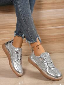 Spring Fall Plus Size Gold Sequined Fashion Women's Shoes Comfortable All-In-One Casual Sneakers Breathable Lightweight Outdoor Flats
