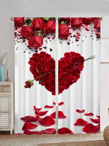 2pcs Red Roses Printed Curtain,Heart Shaped Curtain,Without Holes Curtain, Refer To Bedroom Office Kitchen Living Room Study Home Decor