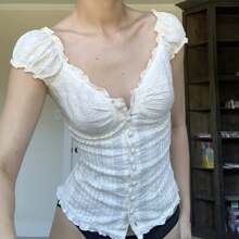 Women Y2K Fairy Grunge Shirts Puff Short Sleeve V-Neck Ruffle Crop Top Summer Button-Down T-Shirts Blouses E-Girls Aesthetic Tees Tops Clothes
