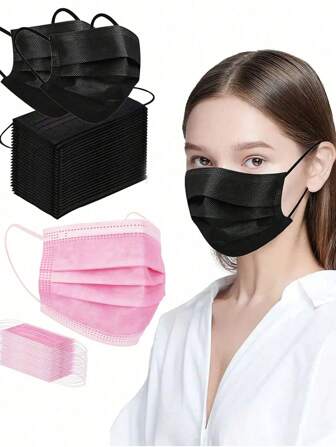 100/50个粉色/黑色一次性口罩，秋冬季个人防护装备，装饰性防尘防风口罩，三层防护，独立包装，适合家庭清洁和户外面部防护