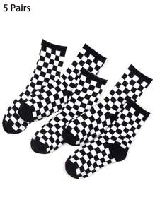 2/4/5/6 Pairs Of Women's Black & White Checkerboard Patterned Crew Socks, Personalized Casual Socks, Versatile For All Season, Suitable For Outdoor, Party, Gift, Y2k, Goth, School, Soft, Breathable