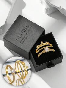 Coffret cadeau Bagues pour femmes, bagues de mariage glamour et brillantes en cubic zirconia cubique en forme de cœur et de couronne, convenant pour le mariage et les cadeaux de la Saint-Valentin - Doré - Voir 7