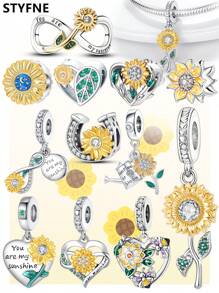 STYFNE 1 pieza Collar colgante con dijes de primavera - Sakura rosa, crisantemo, corazón, girasol, letra, joyería hecha a mano como regalo para novia o mejor amiga - Plateado - Ver 10