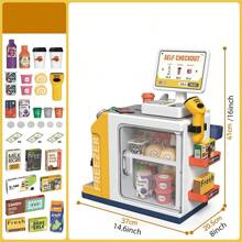 HUANG ER 46 件儿童玩具收银机套装，包括计算器、扫描仪、购物袋、咖啡机和玩具食品，适合 3 岁及以上男孩和女孩的创意礼物。生日礼物（用户需携带 2 节 AA 电池）