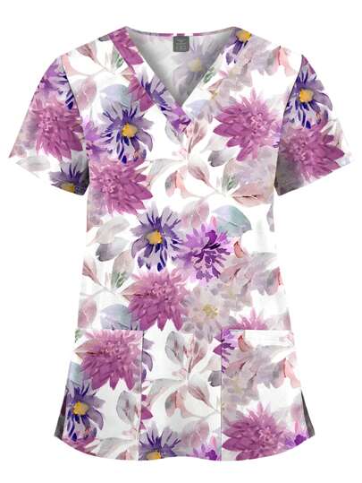 Nurse Uniform Women Short Sleeve Fashion Printing Working Uniform Pocket Blouse Scrubs Tops Nursing Accessories