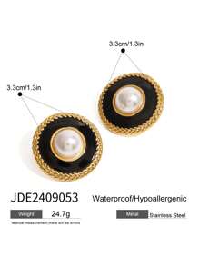 Uworld 1 Pair Of Women's Black Ggold Series Stainless Steel Earrings French Elegant Women's Jewelry Black Onyx Inlaid 18K Gold-Plated Stainless Steel Jewelry Suitable For Daily Wear Party Vacation Etc - Black Gold - View 13