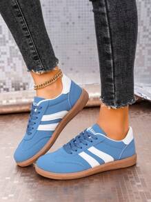 Damen Leder Multifunktions Mode Lässig Schuhe, flache rutschfeste Schnürschuhe mit runder Zehenkappe, Gummisohle, Lässig Plateau Sneaker, retroaktives Patchwork Farbmuster, bequeme flache Lässig Schuhe, himmelblau