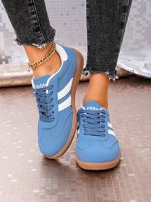 Damen Leder Multifunktions Mode Lässig Schuhe, flache rutschfeste Schnürschuhe mit runder Zehenkappe, Gummisohle, Lässig Plateau Sneaker, retroaktives Patchwork Farbmuster, bequeme flache Lässig Schuhe, himmelblau