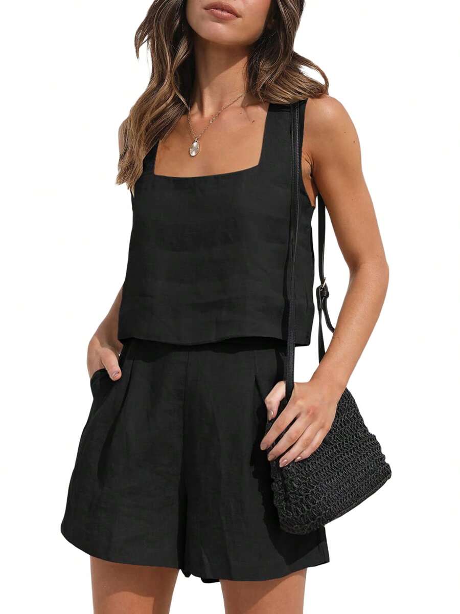 Womens 2 Piece Outfits Linen Matching Sets Sleeveless Crop Tank Tops And High Waist Lounge Shorts With Pockets - 黑色 - 查看 1