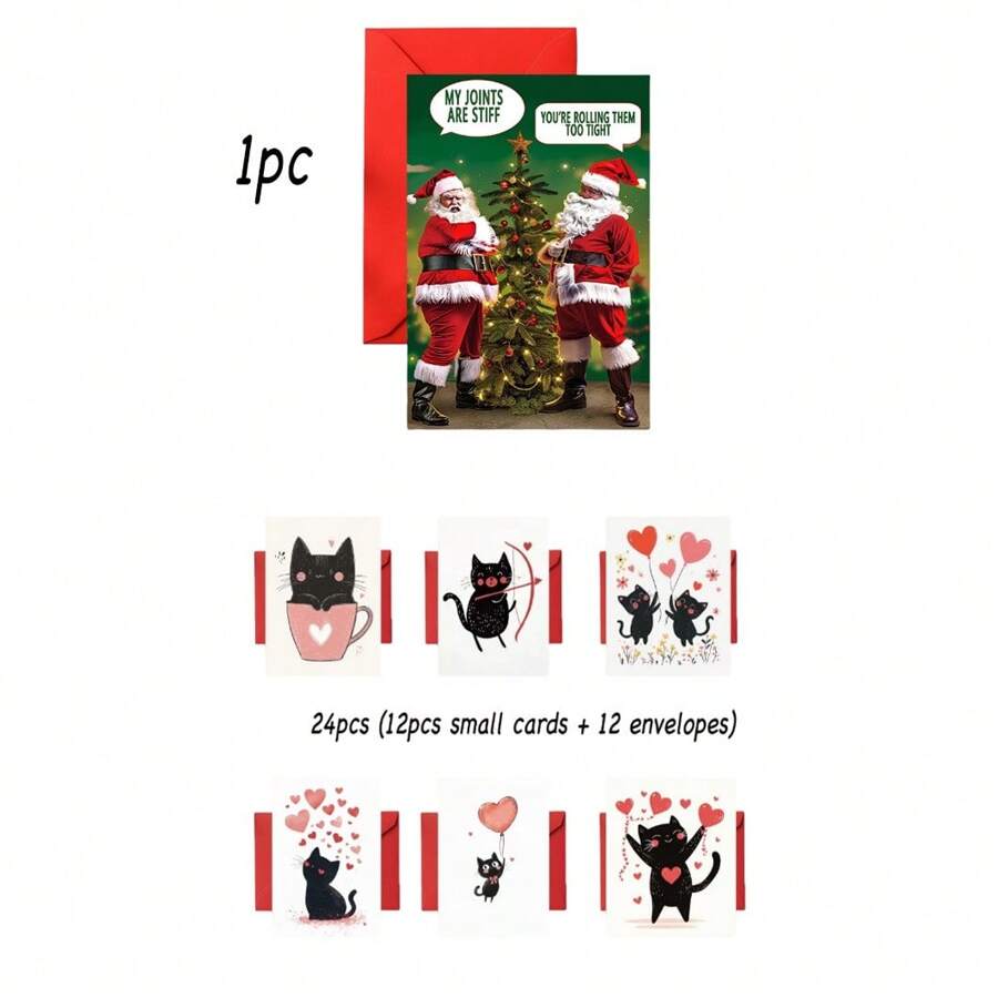 1pc/2pcs/24pcs Funny Christmas Santa Articulated Greeting Cards & Black Cat Valentine Heart Greeting Cards - Adorable Humorous Holiday Design, Comes With Envelopes, Suitable For Christmas, New Year, Valentine's Day, Anniversary, Thanksgiving And Other Occasions To Wish Family And Friends