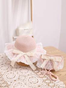 2pcs/Set Girl Hat And Bag, Summer New Cute Princess Pearl Mesh Bowknot Princess Sun Hat Bag Set, Suitable For Outings, Beach, Daily Wear