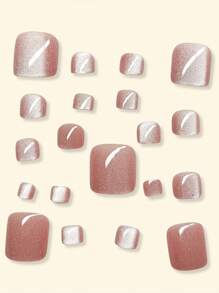 24pcs Short Square Bare Color Crystal Cat Eye Nail Art Set, Full Cover Toe Nail Sticker Suite For Women And Girls Nails - Pink - View 3
