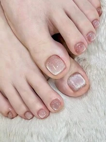 24pcs Short Square Bare Color Crystal Cat Eye Nail Art Set, Full Cover Toe Nail Sticker Suite For Women And Girls Nails - Pink - View 2