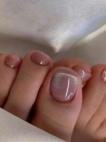 24pcs Short Square Bare Color Crystal Cat Eye Nail Art Set, Full Cover Toe Nail Sticker Suite For Women And Girls Nails - Pink - View 1