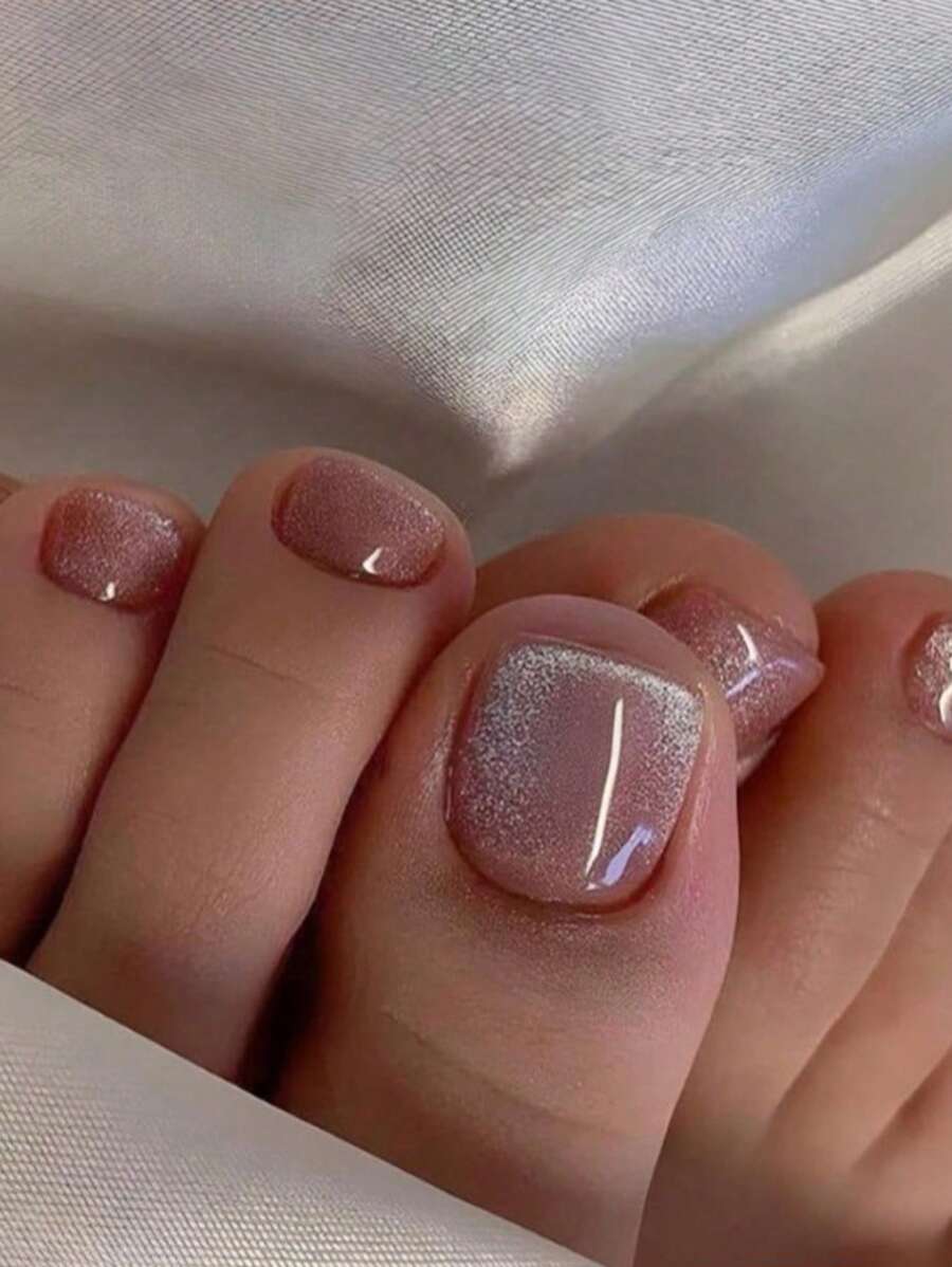 24pcs Short Square Bare Color Crystal Cat Eye Nail Art Set, Full Cover Toe Nail Sticker Suite For Women And Girls Nails - Pink - View 1