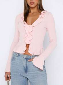 Women Long Sleeve Crop Tops Button Front Ruffle Cardigan Fitted Shirt For Club Streetwear Aesthetic Clothes - Pink - View 5