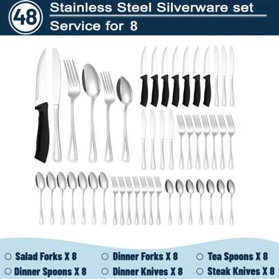 48 Pieces Of Silverware Set Steak Knife, Heavy Duty Stainless Steel Silverware Set 8, Tableware Utensil Set Home/Kitchen, Dishwasher Safe