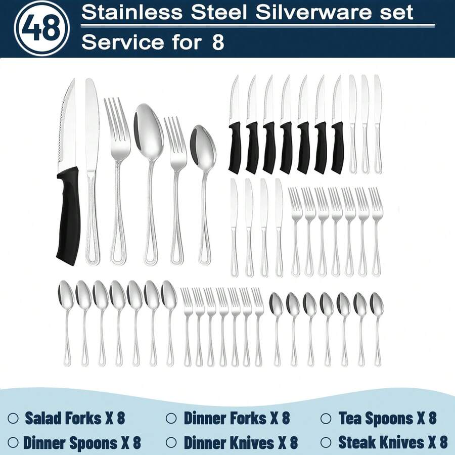 48 Pieces Of Silverware Set Steak Knife, Heavy Duty Stainless Steel Silverware Set 8, Tableware Utensil Set Home/Kitchen, Dishwasher Safe