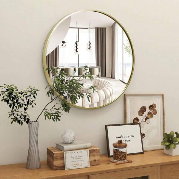 Round Mirror With French Gold Aluminum Frame, Stylish Circle Mirror For Vanity Make Up, Circular Mirror For Bathroom/Entryway/Bedroom/Livingroom/Vanity Room/Rustic Home Decor Gifts Birthday Graduation