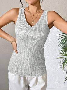 亮片 V 领背心，优雅无袖背心，适合春夏季