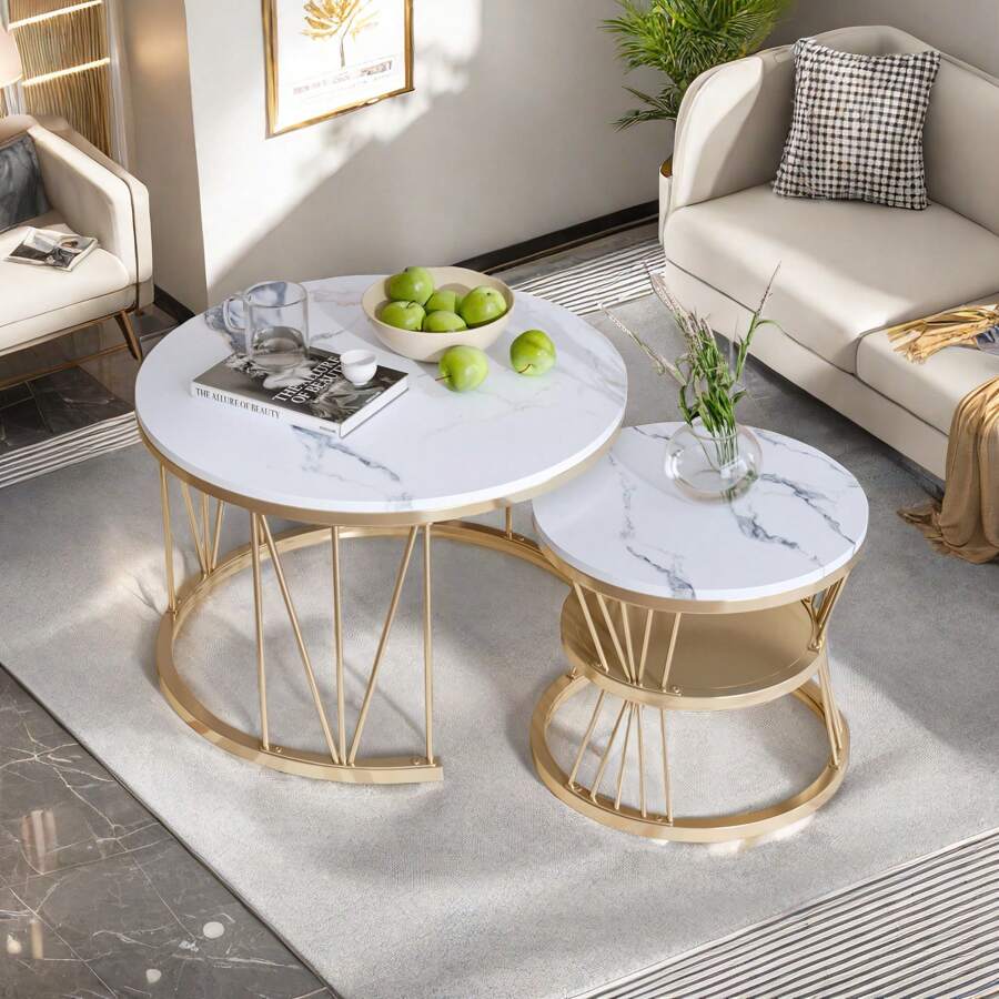 Couchtisch-Set mit 2 Stück, 70 x 45 cm, 45 x 40 cm, runder Tisch, seitlich am Sofa eingelassener runder Couchtisch, Weihnachts-Wohnzimmertisch, MDF-Tischplatte und Metallbeinrahmen - Gold - Übersicht 1