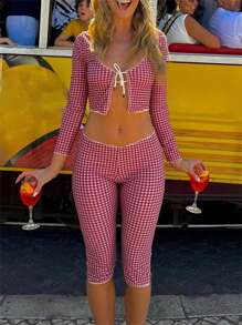 Women's Summer Plaid Outfits 3/4 Sleeve Tie Front Halter Neck Tops With Low Waist Capris Pants Set - Red - View 2