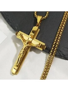 Jesus Cross Crucifix Pendant Necklace For Men Stainless Steel Gold Color Christian Coffee Bean Chain,Father's Day Gift, The Perfect Gift For Family And Friends
