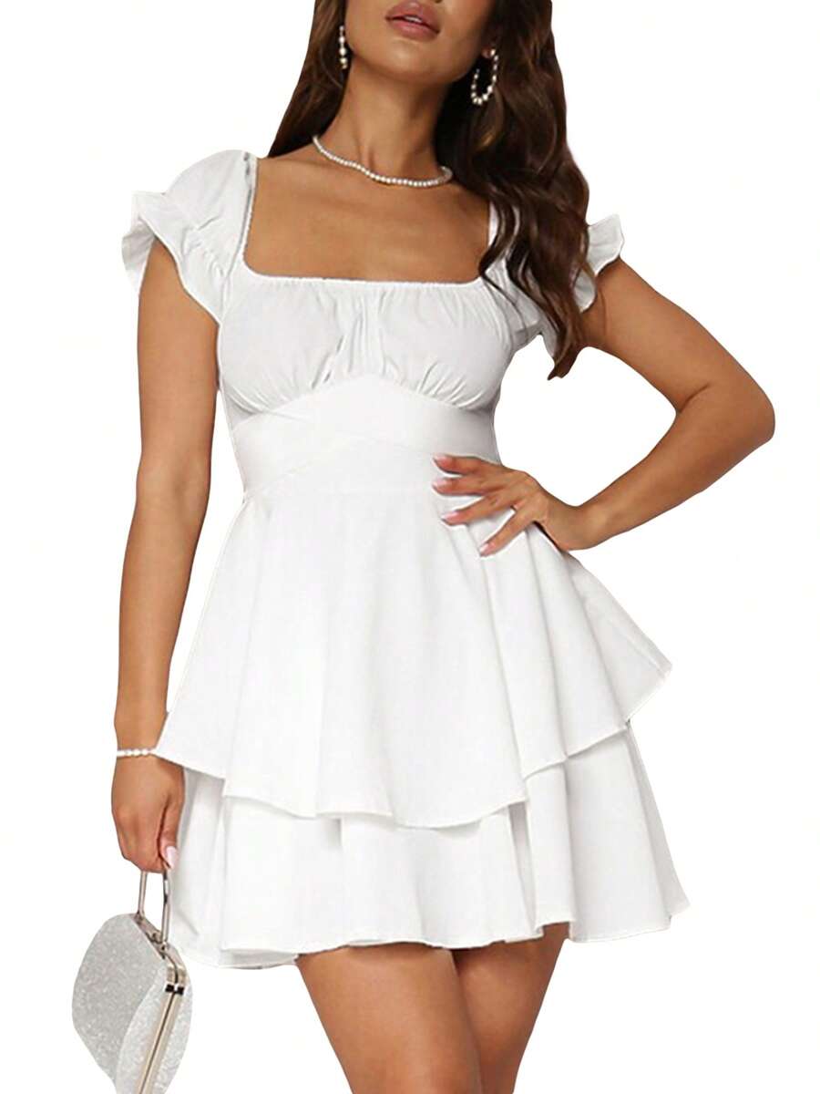 Women's Mini A-Line Dress Solid Color Ruffled Sleeves Square Neck Layered Hem Dress - 白色 - 查看 1