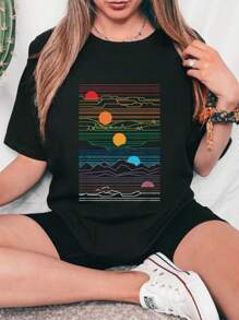 Sun And Moon Phases - Graphic T-Shirt Print Round Neck Short Sleeve T-Shirt For Women Casual, Summer , Women Top Graphic Tees Women Tops