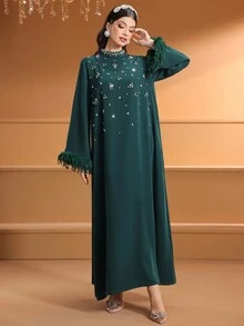 女式立领纯色手工串珠优雅蓬松袖口长袖连衣裙，端庄大方 - 墨綠色 - 查看 5