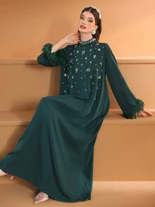 女式立领纯色手工串珠优雅蓬松袖口长袖连衣裙，端庄大方 - 墨綠色 - 查看 7