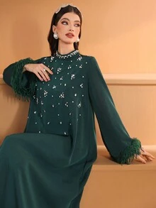 女式立领纯色手工串珠优雅蓬松袖口长袖连衣裙，端庄大方 - 墨綠色 - 查看 8