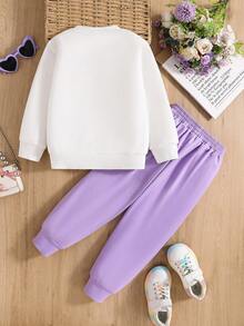 Toddler Cartoon Print Crew Neck Sweatshirt And Sweatpants Set - Purple - View 2