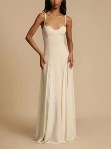 Women Long Dress Solid Color Spaghetti Strap Sleeveless Cami Dress Summer Fashion Big Swing Casual Dress - Màu be - Xem 7