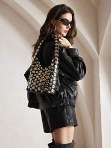 Túi đeo vai phong cách Punk thời trang dành cho nữ có đinh tán kim loại tròn hai mặt, túi đeo chéo sang trọng thời trang dành cho áo khoác da của người đi xe máy, phong cách sành điệu, sử dụng khi đi làm và đi làm, cảm giác cao cấp - màu đen - Xem 6