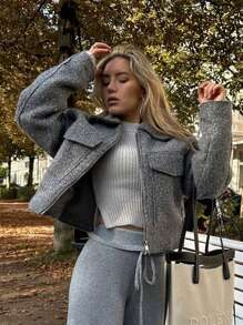 HH 女士外套灰色带口袋翻领长袖拉链夹克时尚女士高街淑女装 - 灰色 - 查看 2